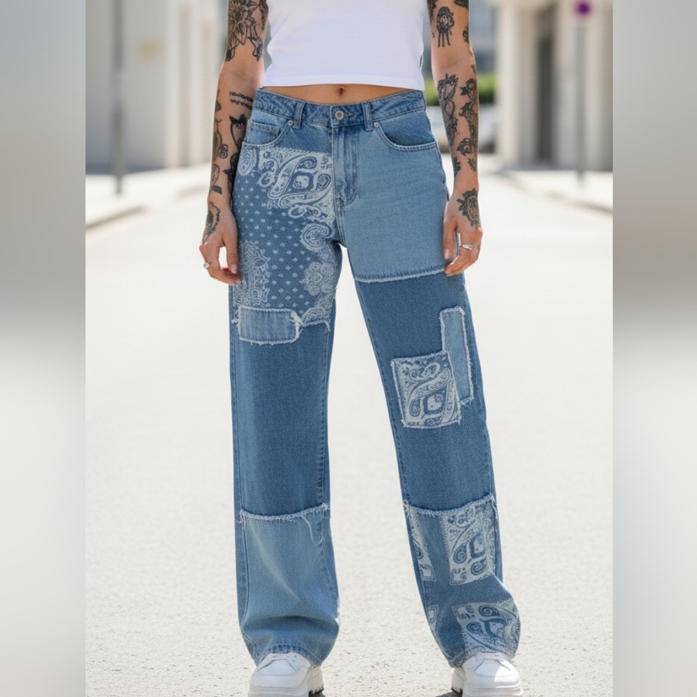 SHEIN 💙 Denim Patchwork Wide Leg Jeans Sz 28/Small
